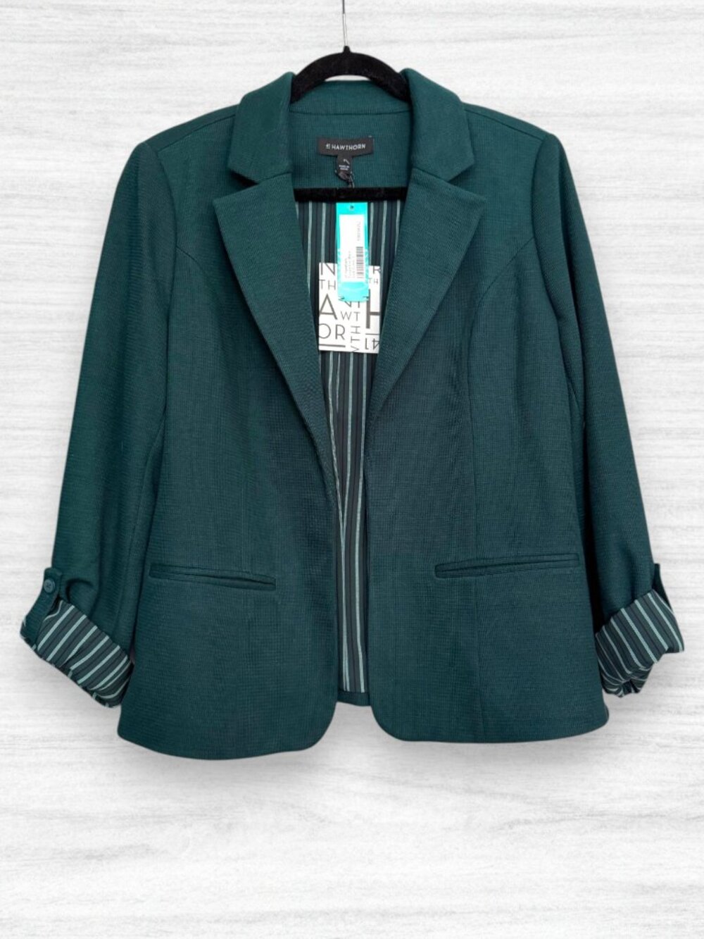 41 Hawthorn Natalie Knit Cropped Blazer Teal Dark Green Striped Cuff NWT Size L
